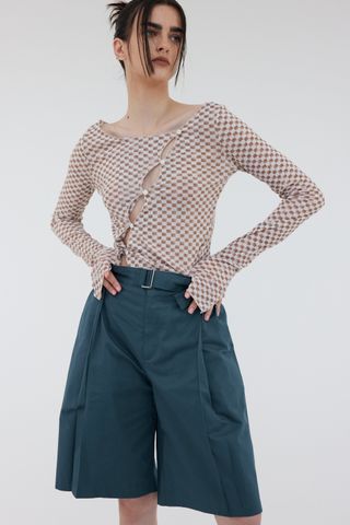 Source Unknown + Diagonal Button Up Second-Skin Top in Milk Chocolate