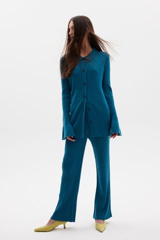 Source Unknown + Flowy Rib Knit Cardigan & Pants Set in Bondi Blue