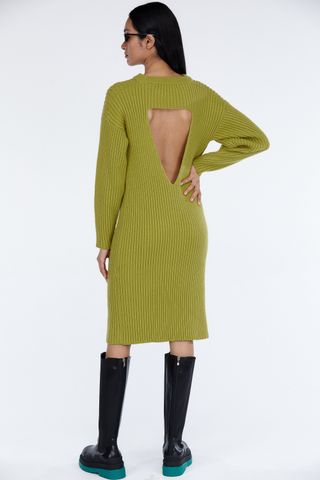Source Unknown + Open Back Ribbed Knit Midi Dress in Olive