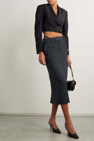 Gucci + Patent Leather-Trimmed Mohair and Wool-Blend Midi Skirt