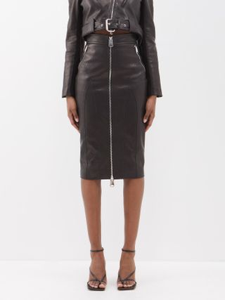 Khaite + Quincy Front-Zip Leather Midi Skirt
