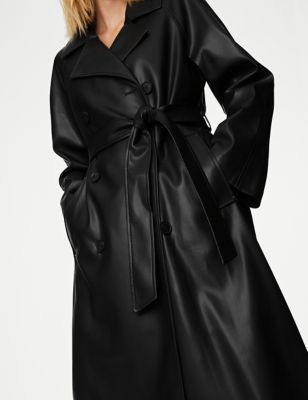 M&S Collection + Faux Leather Belted Trench Coat