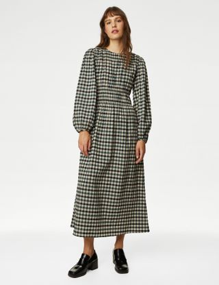 M&S Collection + Cotton Blend Checked Midaxi Waisted Dress