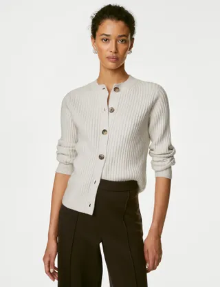 Marks & Spencer + Knitted Ribbed Crew Neck Cardigan