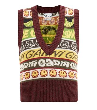 Ganni + Logo-Stripe Sleeveless Recycled Wool-Blend Sweater