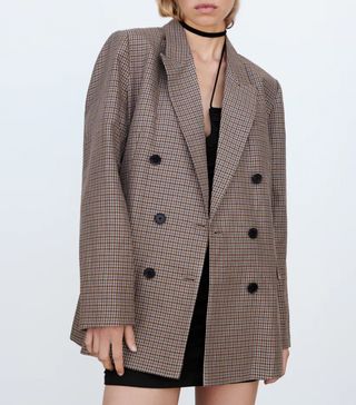 Zara + Checkered Linen Blend Blazer