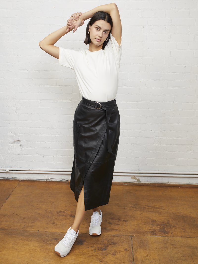 Aligne + Coraline Wrapover Leather Midi Skirt