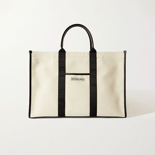 Balenciaga + Neo Navy Large Leather-Trimmed Organic Cotton-Canvas Tote