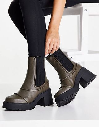 ASOS Design + Reason Chunky Mid-Heel Boots in Khaki