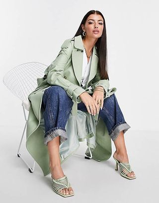 ASOS Edition + Leather Trench Coat in Sage Green