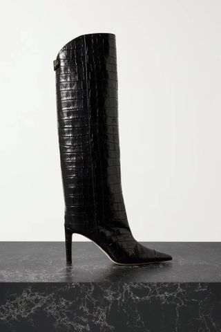Jimmy Choo + Alizze 85 Croc-Effect Glossed-Leather Knee Boots