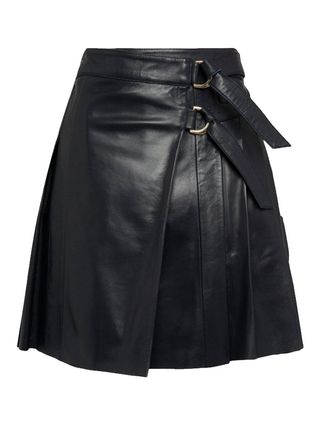 Karen Millen + Leather Pleated Buckle Kilt Skirt