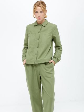 Omnes + Serena Button Front Shacket Overshirt in Khaki Green