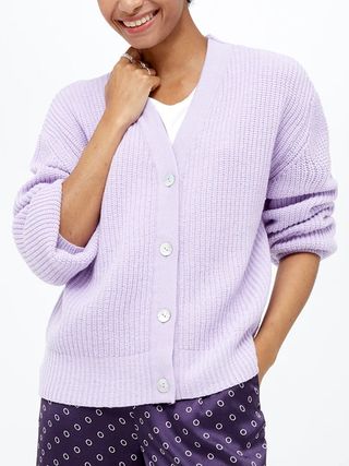 Omnes + Eva Knitted Merino Wool Blouson Sleeve Cardigan in Lilac