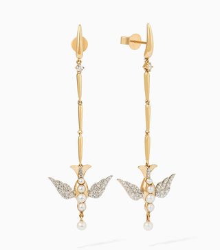 Annoushka x Temperley + 18ct Gold Pearl Diamond Lovebirds Stiletto Earrings