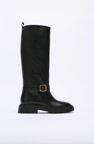 Zara + Low Heel Leather Boots With Buckle