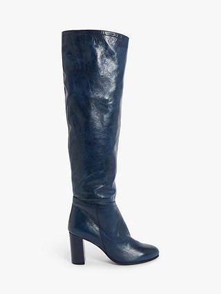 John Lewis & Partners x Erica Davies + Valeria Leather Slouched Heel Knee Boots, in Navy
