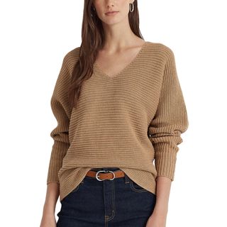 Lauren Ralph Lauren + Deep V-Neck Combed Cotton Sweater
