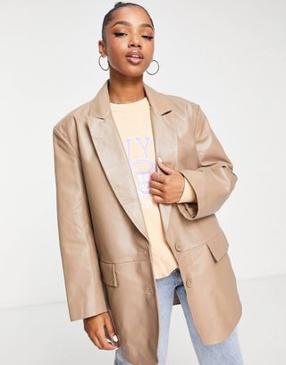 ASOS + Leather Grandad Blazer Jacket in Camel