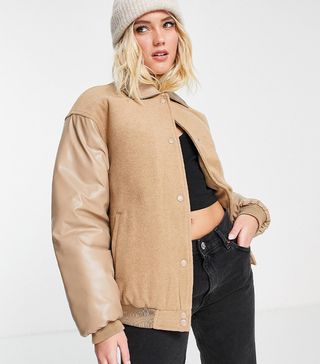 ASOS + Varsity Bomber Jacket with Faux Leather Sleeves in Camel