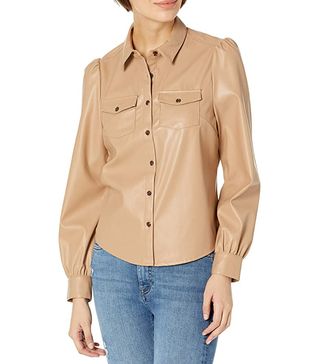 The Drop + Clemence Faux Leather Puffed Long Sleeve Utility Blouse