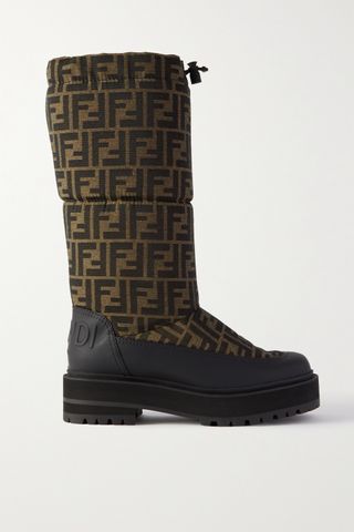 Fendi + Leather-Trimmed Padded Logo-Jacquard Canvas Snow Boots