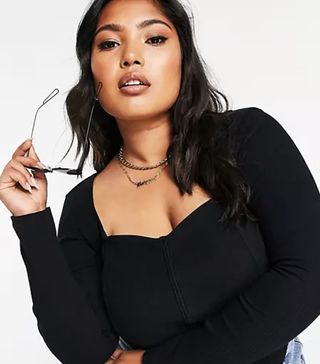 ASOS + Curve Rib Fitted Corset Top With Ultra Wide Neck in Black