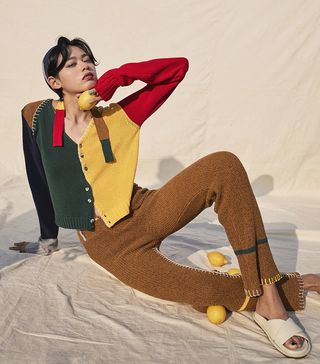YanYan + Choi-Hung Colorblock Extra Long Sleeve Cardigan in Rainbow Chunky Cotton