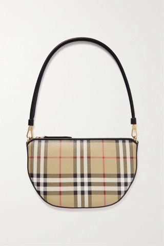 Burberry + Leather-Trimmed Checked Canvas Shoulder Bag