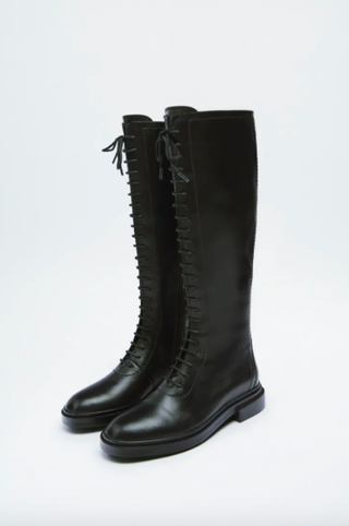 Zara + Low Heel Laced Leather Boots