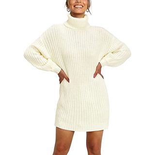 Laishen + Turtleneck Long Lantern Sleeve Sweater Dress