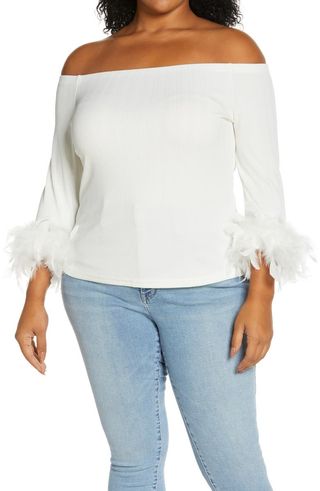 River Island + Off the Shoulder Feather Cuff Knit Top
