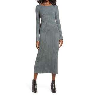 Open Edit + Twist Back Ribbed Long Sleeve Midi Dress