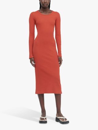 Ninety Percent + Organic Cotton Blend Ribbed Midi Dress, Maple