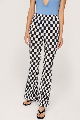 Nasty Gal + Ribbed High Waisted Checkerboard Flared Trousers