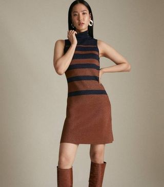 Karen Millen + Sparkle Stripe Roll Neck Sleeveless Dress