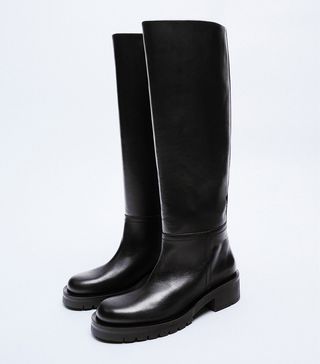 Zara + Flat Leather Knee High Boots