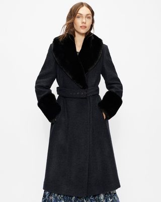 Tedbaker + Llayyla Belted Coat With Faux Fur Collar and Cuffs