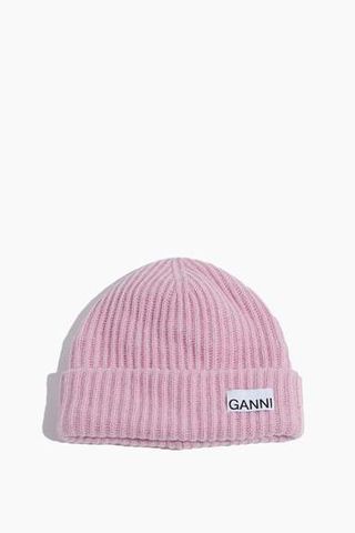 Ganni + Rib Knit Hat in Pink Nectar