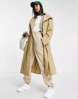 ASOS Design + Collared Luxe Trench Coat in Stone
