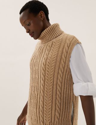 Marks and Spencer + Cable Knit Roll Neck Sleeveless Jumper