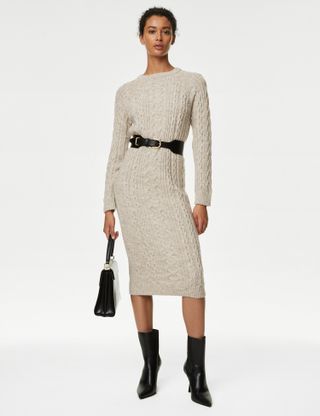 Marks & Spencer + Cable Knit Crew Neck Midi Knitted Dress