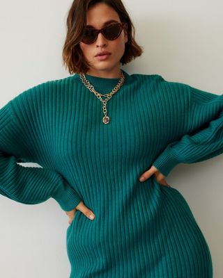 Oliver Bonas + Teal Blue Ribbed Knitted Jumper Dress