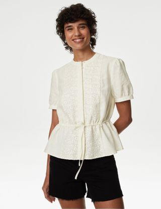M&S Collection + Linen Rich Embroidered High Neck Blouse
