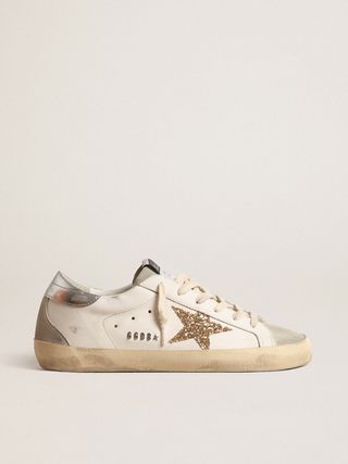 Golden Goose + Super-Star With Gold Glitter Star and Ice-Gray Suede Inserts