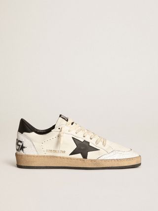 Golden Goose + Women's Ball Star Sneakers in White Nappa Leather With Black Leather Star and Heel Tab