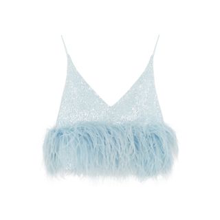 16 Arlington + Poppy Blue Feather-Trimmed Sequin Top