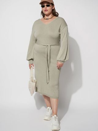 Nu-In + Belted V-Neck Knitted Midi Dress