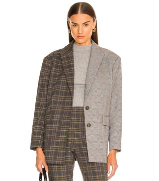 Something Navy + Oversized Contrast Plaid Blazer in Brown Combo