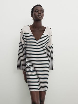 Massimo Dutti + Short Striped Knit Dress With Button Detail